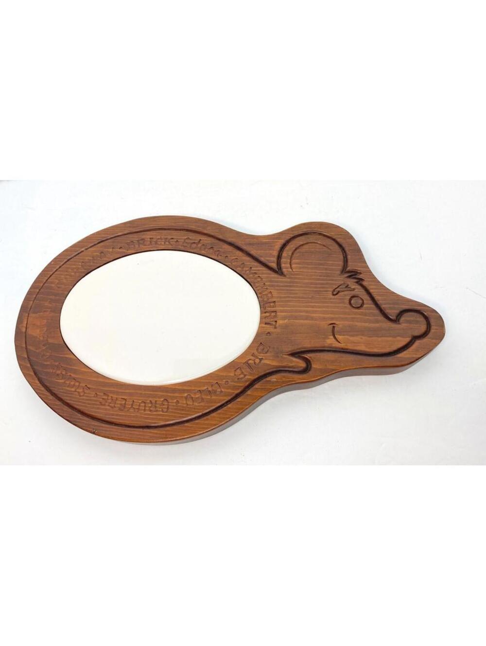 Vintage MCM Wood Figurative Mouse With Ceramic Cheese Plate Tray Board